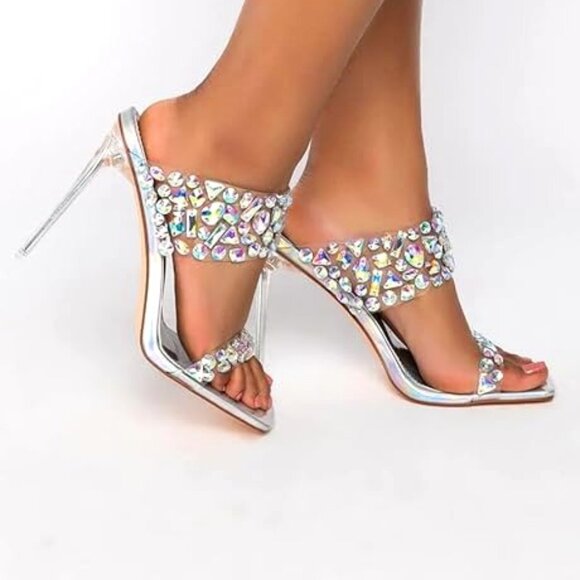 Callie Lives Shoes - Callie Clearly Gems: PVC Iridescent Stud & Stone Glass Slipper Silver Stiletto